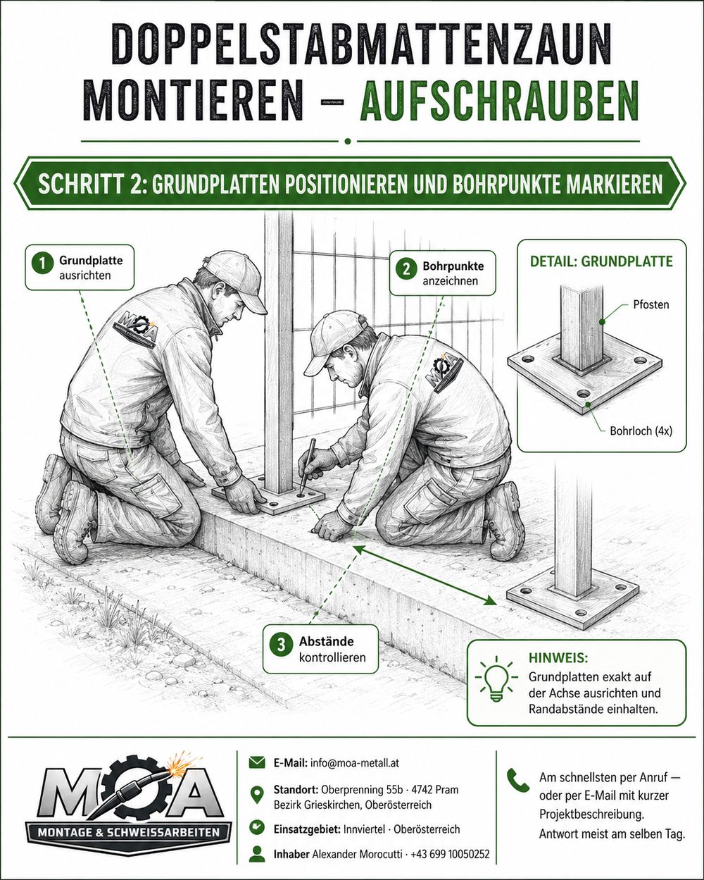 Schritt 2 Zaun aufschrauben: Grundplatten positionieren und Bohrpunkte markieren