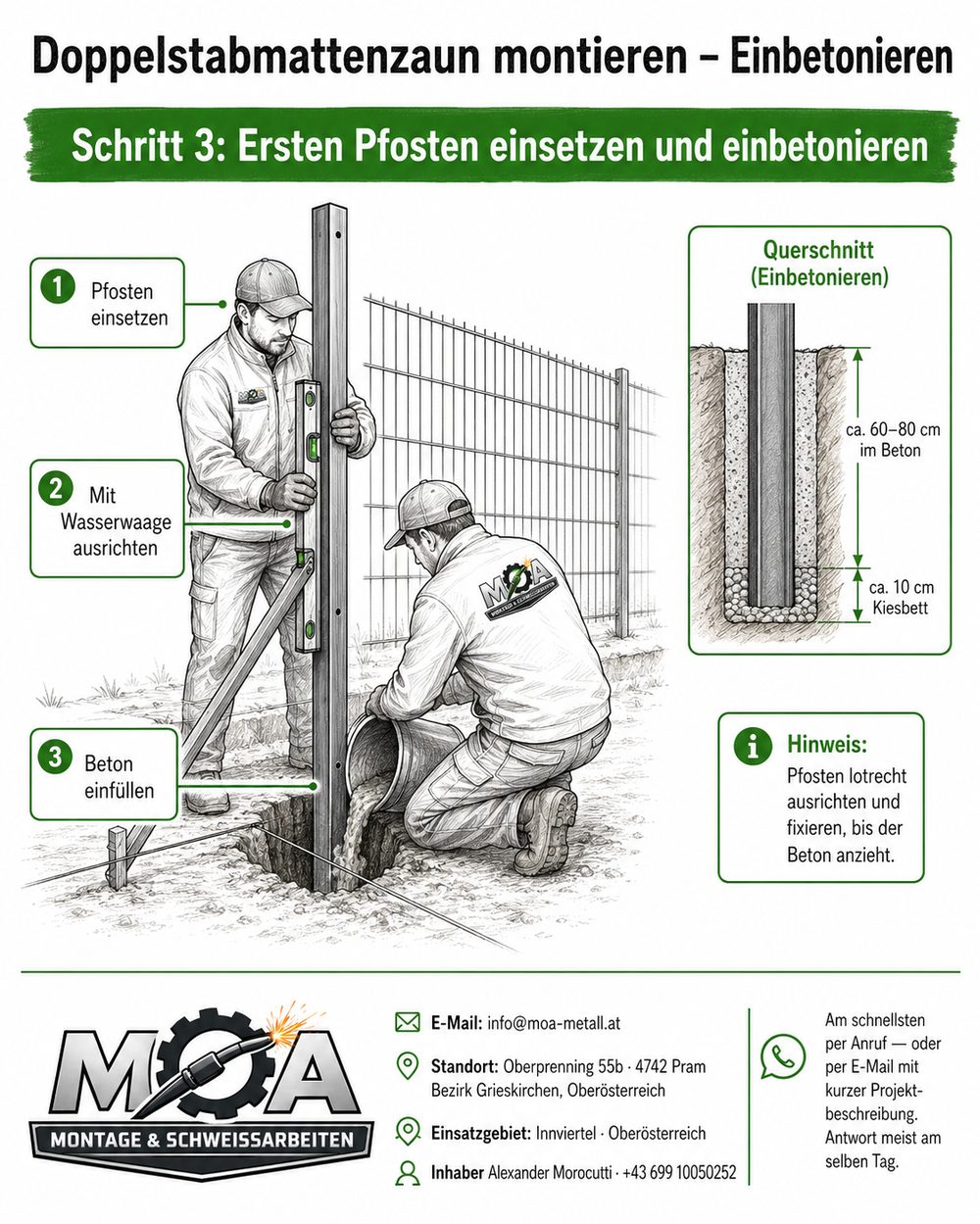 Schritt 3 Zaunmontage: Ersten Pfosten einsetzen und einbetonieren