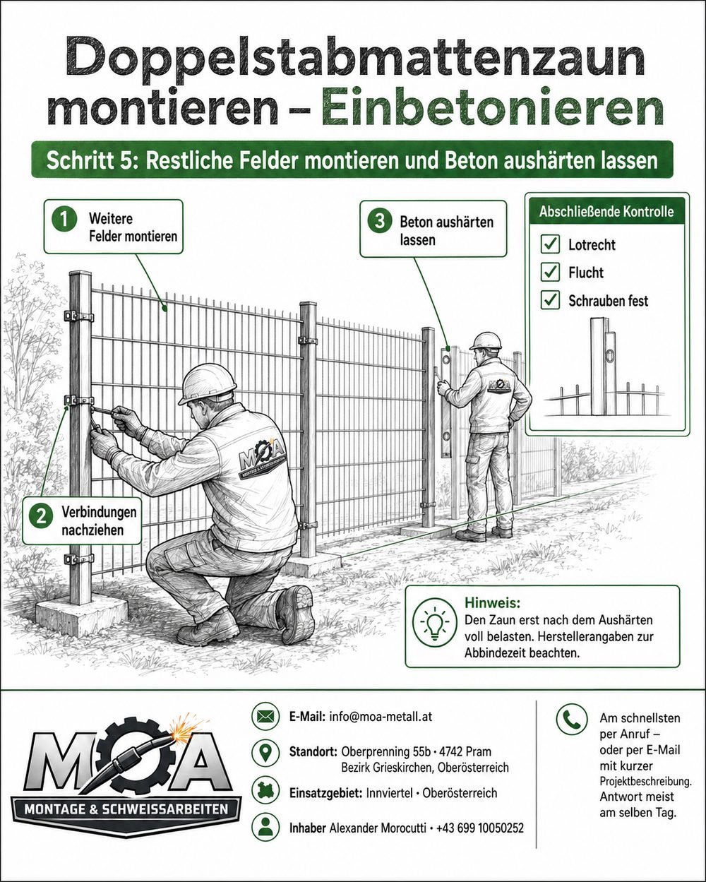 Schritt 5 Zaunmontage: Restliche Felder montieren und Beton aushärten lassen